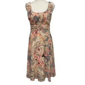 SIGNATURE ELLA Dress Size 6 Chiffon Double Layer Floral Gray Peach Sleeveless